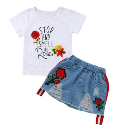 

USA Toddler Kids Baby Girl Summer Tops T-shirt Denim Dress 2Pcs Outfits Clothes