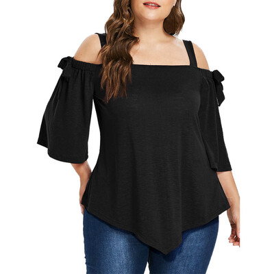 

Roseonmyhand Fashion Women Casual Plus Size Asymmetric Cold Shoulder Top T-shirt Bow Blouse