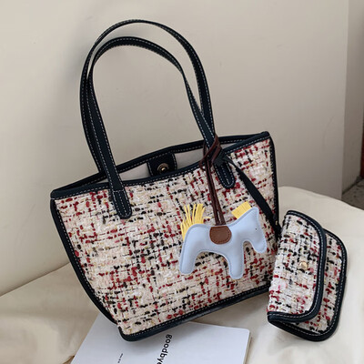 

Autumn 2019 Korean version of the new Plaid tweed small breeze Tote bags fashion shoulder shopping bags