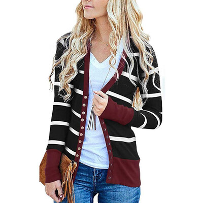 

Toponeto Womens V Neck Button Down Stripe Long Sleeve Soft Striped Cardigan Tops