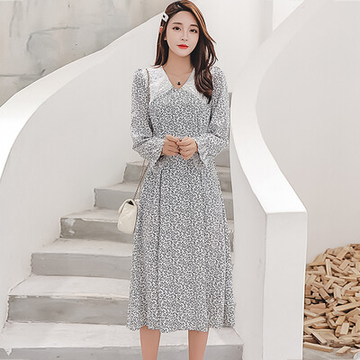 

JOY OF JOY Jingdong womens 2019 spring new Korean version of the hand-embroidered doll collar ice silk wrinkle bottoming dress in the long paragraph small fairy group female JWQZ191534 white S