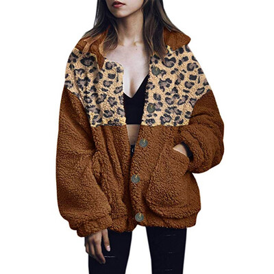 

Toponeto Women Winer Plus Size Jacket Warm Leopard Splice Outwear Plush Pocket Long Coat