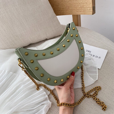 

2019 New Half Moon Shaped Women Rivet Chain Messenger Bag Shell Brand Design Lady Retro handbag Shoulder Crossbody Bag Bolso
