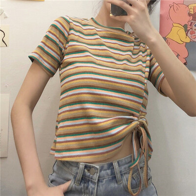 

Novel Design Drawstring Womens T-Shirt Summer Fashion O Neck Striped Short Sleeve T Shirt Sexy Knitted Slim Pullover Tee Tops