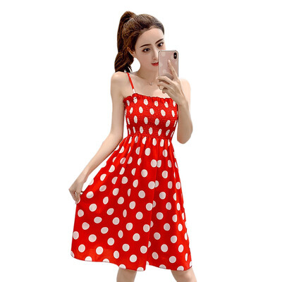 

Womens Dot Print Ruched Spaghetti Strap Sleeveless Chiffon Midi Dress