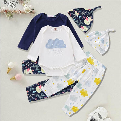 

Newborn Infant Baby Unisex Animals Cloud Printed Outfits Bodysuits Romper Pants Hat Autumn Winter Clothes 3PCS