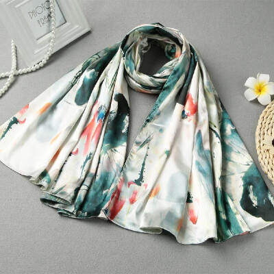 

Vintage Women Silk Scarf Chinese Ink And Wash Print Long Scarves Shawl Pashmina