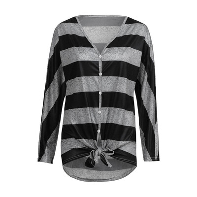 

Nomeni Women Casual Autumn V Neck Stripe Print Button Bandage Long Sleeve Blouse Top