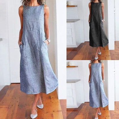 

Fashion Simple Sweet Women Casual Striped Sleeveless Dress Crew Neck Pocket Long Dress