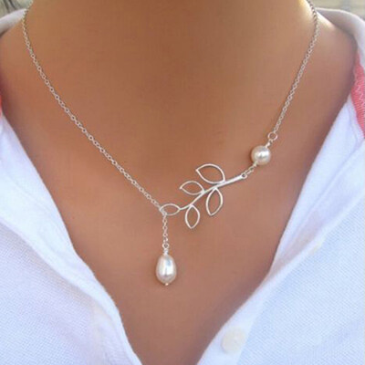 

Womens Fashion Faux Pearl Hollow Leaves Branch Choker Short Bib Collar Necklace