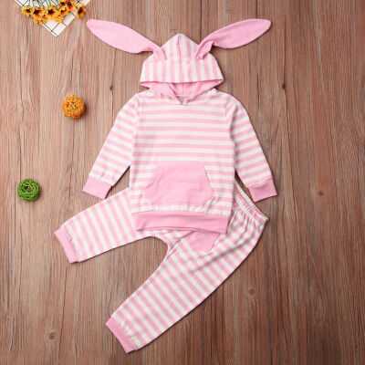 

New Infant Baby Girl Kid Striped Rabbit Ears Hooded Tops Trousers Cotton Clothes