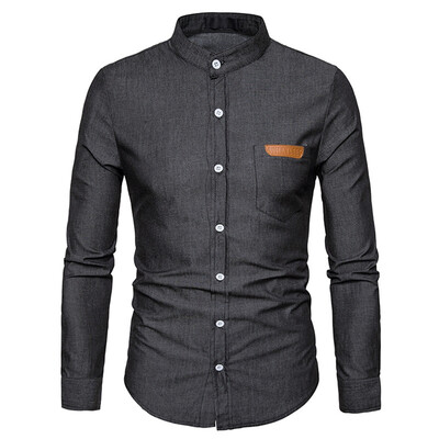 

Stand Collar PU Leather Edging Chambray Shirt