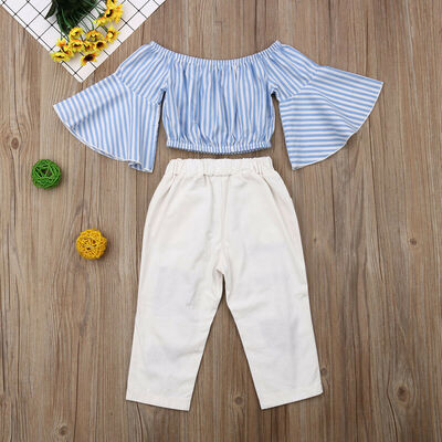 

Toddler Kid Baby Girl Off Shoulder Top Ripped Pants Casual Summer Outfit Set