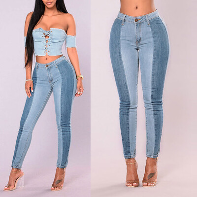 

Tailored Women Casual Denim Patchwork Button Zipper Fly Straight Pencil Jeans Pants