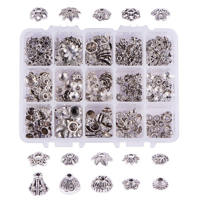 

PH PANDAHALL 300 Pcs Antique Silver Tibetan Style Alloy Flower Bead Caps 15 Styles Jewelry Making