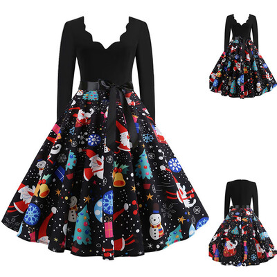 

Gobestart Women Long Sleeve Christmas Musical Notes Print Vintage Flare Dress