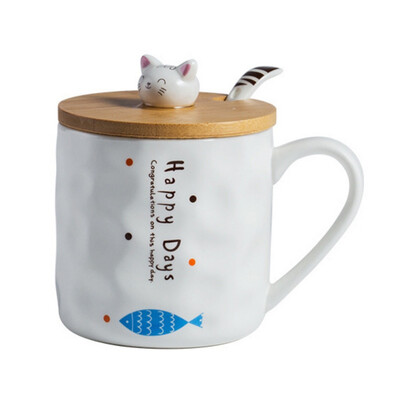 

Fashion Creative Cat&Fish Group Mark Ceramic Cup Cartoon with Spoon with Lid Breakfast Milk Water Mugs Drinkwar