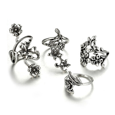

Vintage Carved Rose Flower Leaf Knuckle Ring Set Ancient Sterling Silver Hollow Flowers Vine Leaves Midi Finger Rings Sets Jewelry