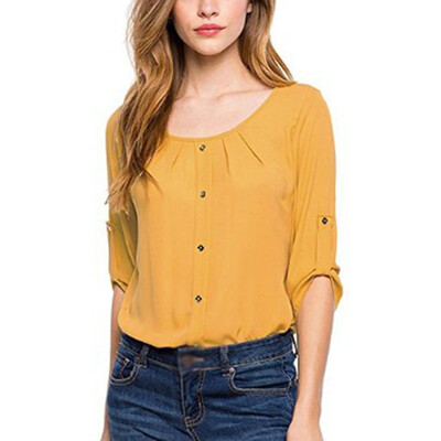 

Women Elegant O Neck Pleated Chiffon Blouse Button Loose Solid Casual T Shirts