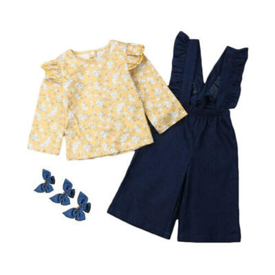 

US Newborn Kids Baby Girls 2Pcs Floral Ruffle Tops Suspender Long Pants Trousers