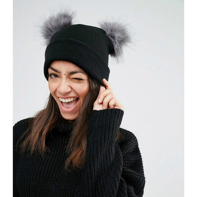

Tailored Women Winter Warm Crochet Knit Double Faux Fur Pom Pom Beanie Hat Cap