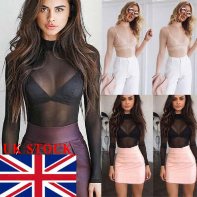 

Women Sheer Mesh Fish Net Long Sleeve Turtle Neck See Crop Top T Shirt Blouse UK