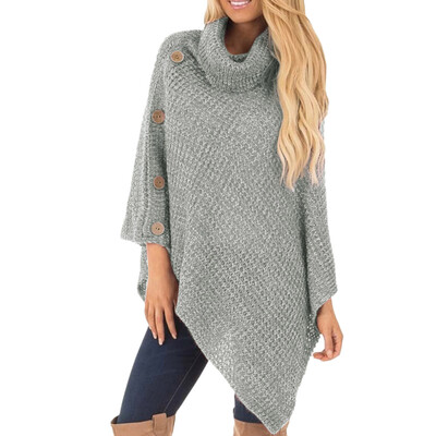 

Gobestart Womens Knit Turtle Neck Poncho with Button Irregular Hem Pullover Sweaters