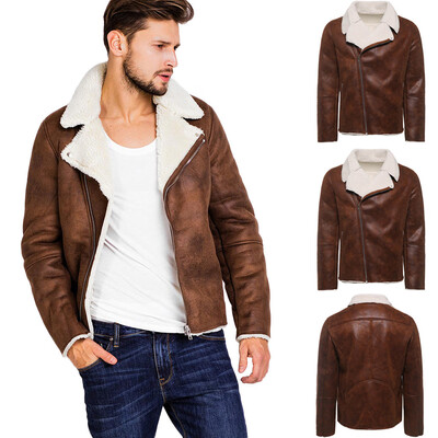 

Gobestart Mens Autumn Winter Warm Fur Liner ZipperLapel Leather Zipper Outwear Top Coat