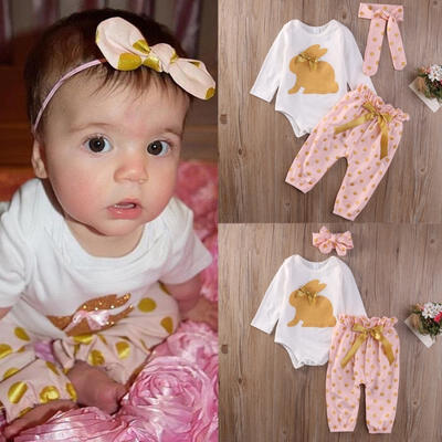 

3Pcs Newborn Infant Baby Girls Clothes Polka Dot GOLD RABBIT Romper Leggings Pants Outfit Set