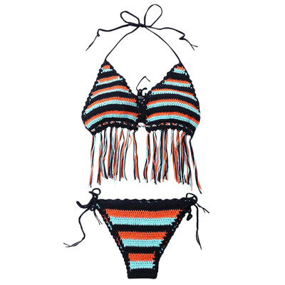 

Striped Crochet Halter Bikini Set
