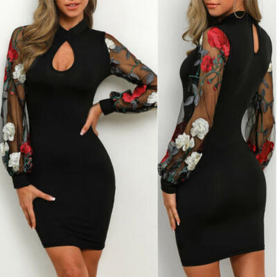 

Women Mesh Fishnet Long Sleeve Floral Bodycon Club Party Cocktail Casual Dress