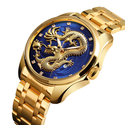 

Gobestart Golden Dragon Diamond Calendar Waterproof Mens Steel Belt Quartz Watch