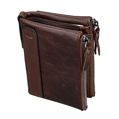 

Short Retro Men Wallet Business Genuine Leather Coin Wallets Male Purse Credit Cards Holder Double Zipper