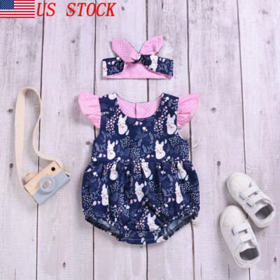 

US Stock Newborn Baby Girls Fox Romper Bodysuit SunsuitHeadband Clothes Outfits