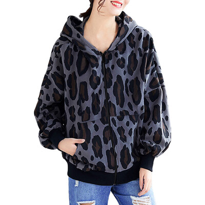 

Toponeto Womens Winter Long Sleeve Leopard Hooded Zip UP Pocket Jacket Coat
