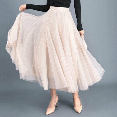 

Women High Waist Pleated Tulle Tutu Dress Lady Evening Beach Long Maxi Skirts