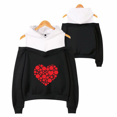 

Tailored Women Off Shoulder Heart-shap Print Loose Hooded Sweatshirt Fake Two-Piece Tops