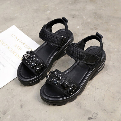 

With drill thick sandals female hook&loop 2019 summer new Joker increased rocking shoes air cushion sports platform shoes