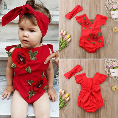 

Baby Girl Infant Embroidery Flower Romper Jumpsuit 2PCS Outfit Sunsuit Summer