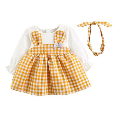 

Spring Baby Girls Dresses Cotton Long-sleeved Princess Dresses Fake Two-piece DressesHeadband Baby Clothes 0-3Y