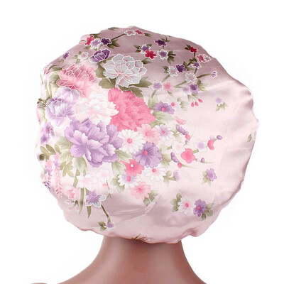 

Silky Flowers Pattern Woman Sleep Caps Hair Care Head Cover Wide Nightcap Wrap