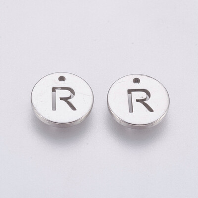 

304 Stainless Steel Charms Flat Round with Letter Stainless Steel Color LetterR 10x1mm Hole 1mm