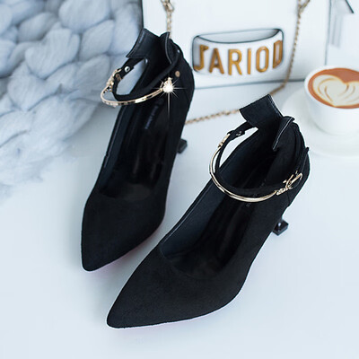 

Fine heeled womens shoes spring fashion one-word button heels Korean version hundred set pointy cat heel situ shoes