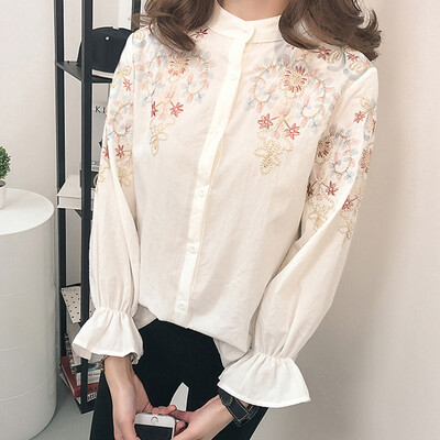 

Women Autumn Embroidered Printed Long Sleeve Tops Stand Collar Loose Shirt