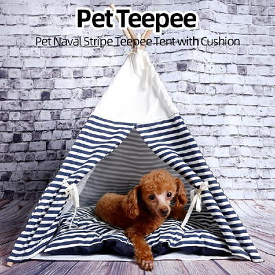 

Pet Teepee Tent with Cushion Naval Stripe Teepee House with Pad for Dogs Puppy Cats Indoor Outdoor Removable Washable