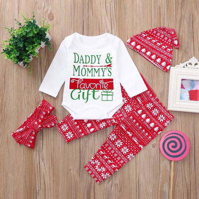 

4PCS Christmas Newborn Baby Boys Letter Top snowflake Print Pants Clothes Sets