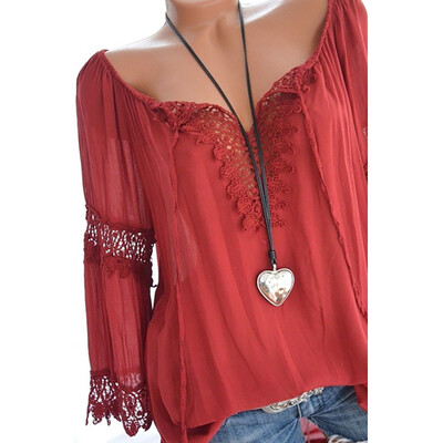 

Nomeni Womens Plus Size Off Shoulder Lace Pure Color Long Sleeves Blouse Loose Tops