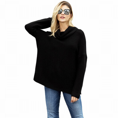 

High neck long sleeve pullover loose sweater casual rib knit sweater womens