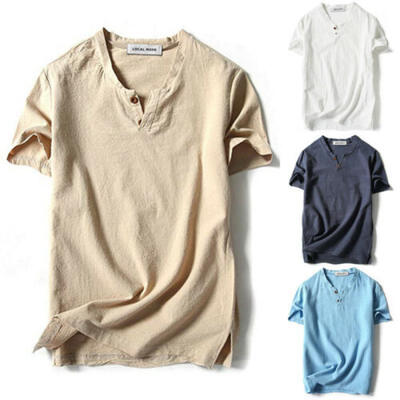 

Mens Boys T-Shirt Button Down Shirts Slim Fit Cotton Linen Long Sleeve Basic Top