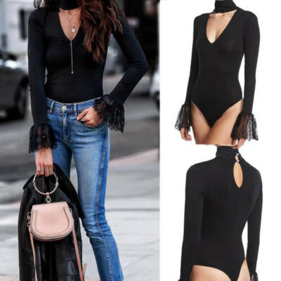 

Women Lace Jumpsuit Bodycon Bodysuit Leotard Top Romper Blouse Long Sleeve Shirt
